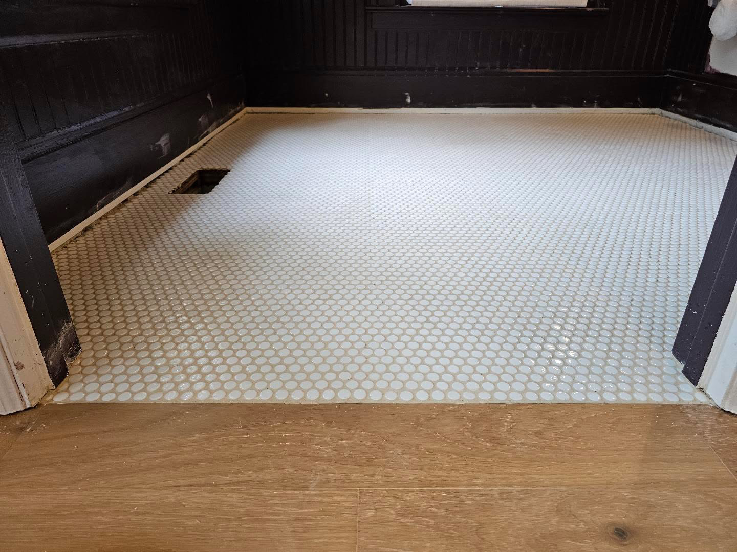 White penny round tile floor